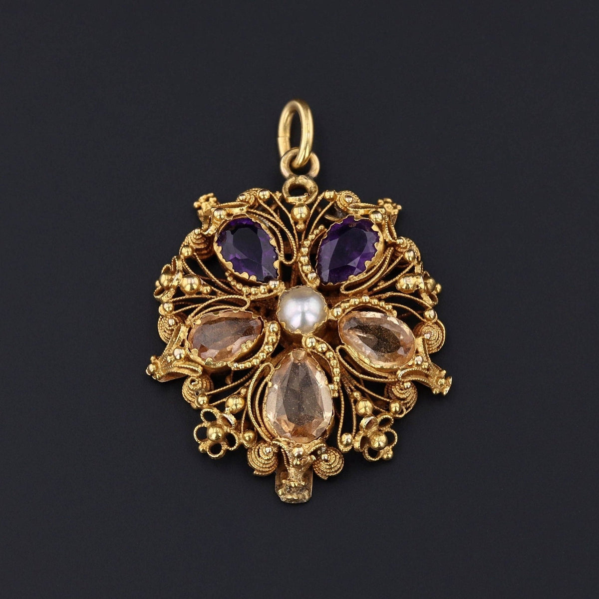 Georgian Citrine and Amethyst Pansy Pendant of 14k Gold - Trademark Antiques