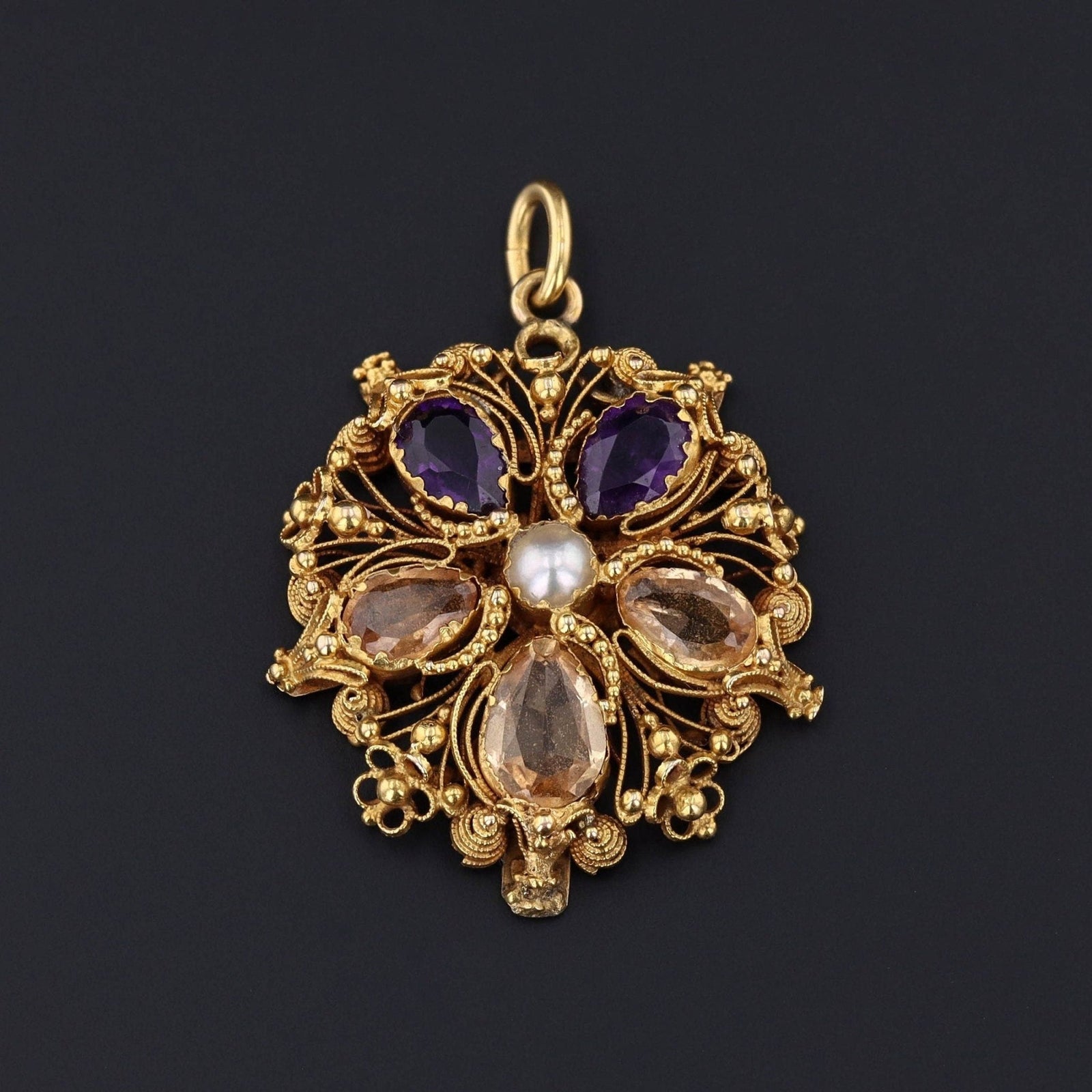 Georgian Citrine and Amethyst Pansy Pendant of 14k Gold - Trademark Antiques