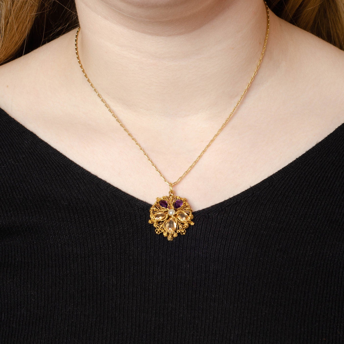 Georgian Citrine and Amethyst Pansy Pendant of 14k Gold - Trademark Antiques