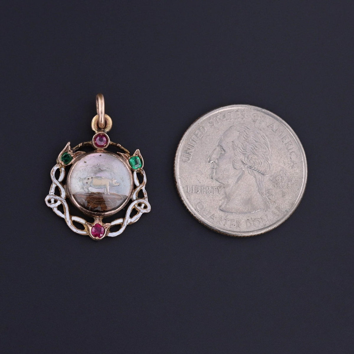Georgian Reverse Carved and Painted Pig Charm of 14k Gold - Trademark Antiques