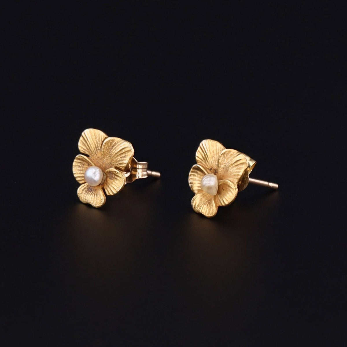 Gold Pansy Earrings | Antique Flower Earrings - Trademark Antiques