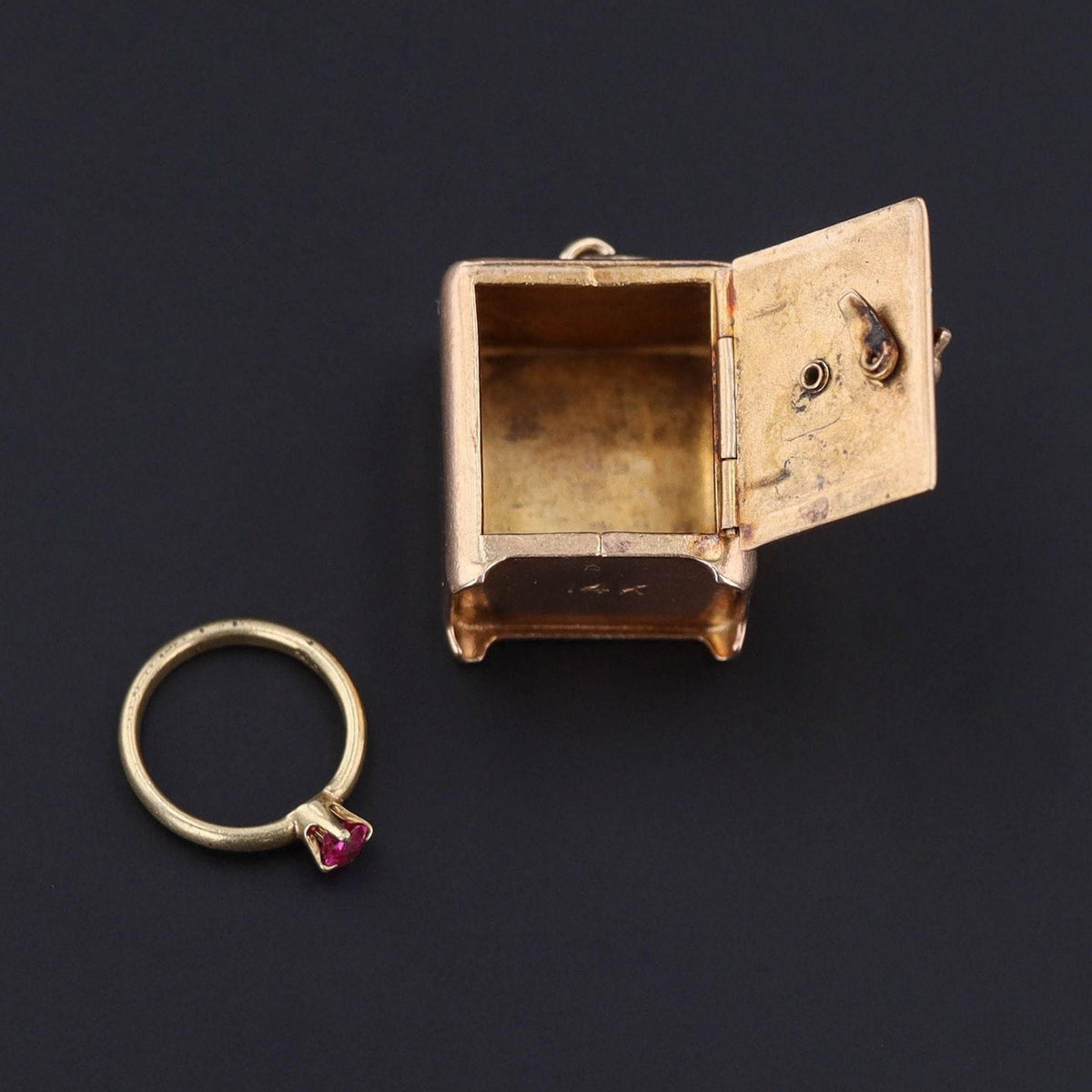 Gold Safe With Ruby Ring Charm | Vintage Safe Charm - Trademark Antiques