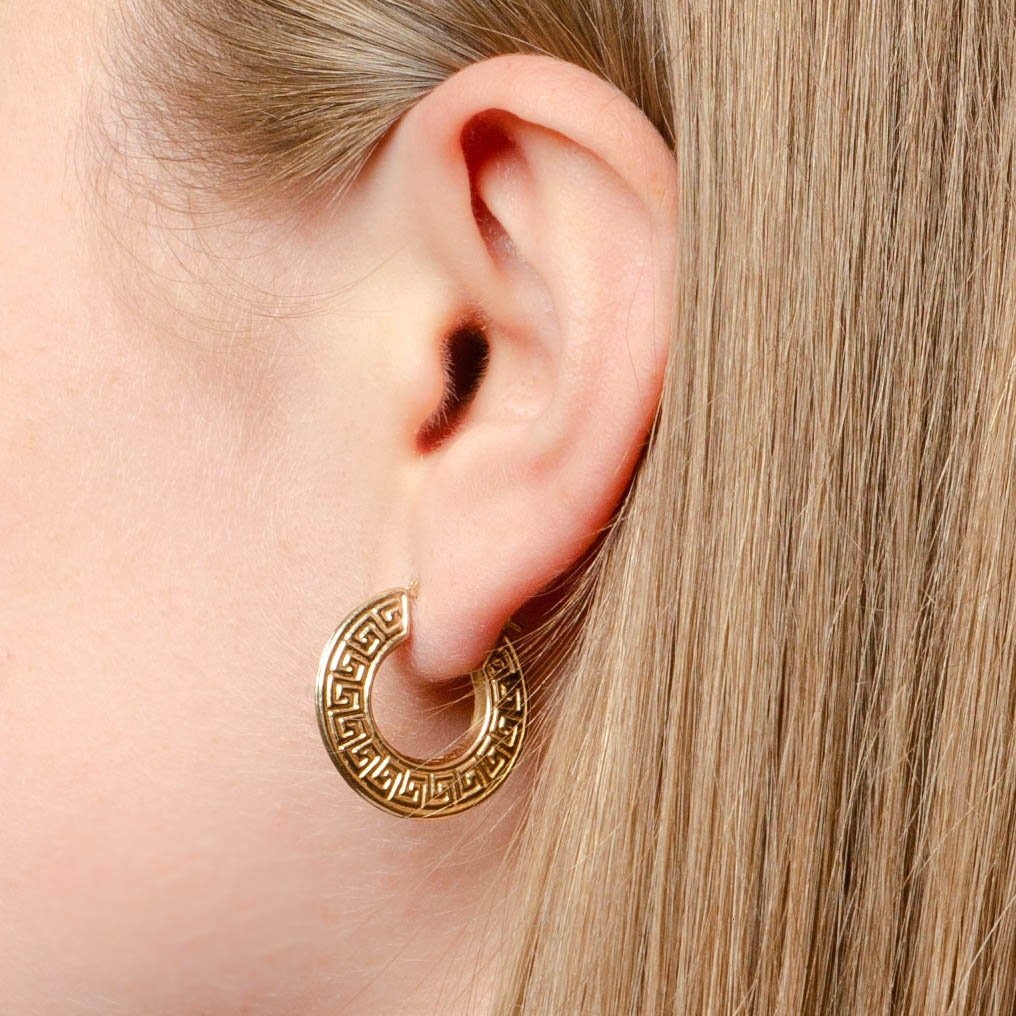 Greek Key Hoops | 14k Gold Earrings - Trademark Antiques