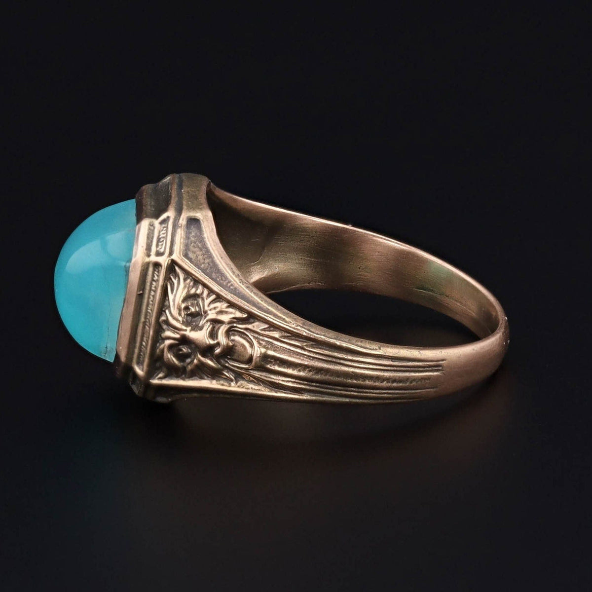 Green Man Gem Silica Ring of 14k Gold Antique Reproduction - Trademark Antiques