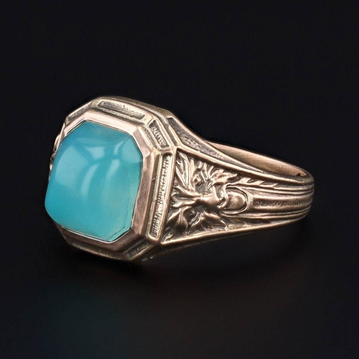 Green Man Gem Silica Ring of 14k Gold Antique Reproduction - Trademark Antiques