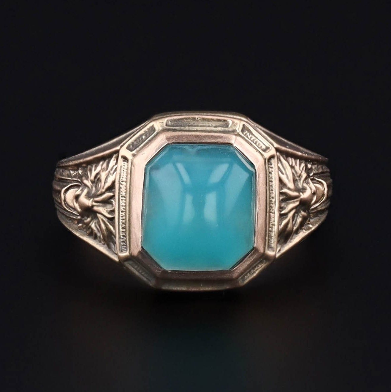 Green Man Gem Silica Ring of 14k Gold Antique Reproduction - Trademark Antiques