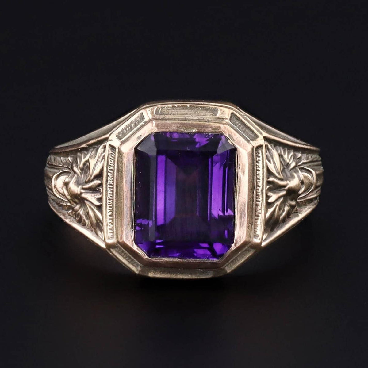 Green Man With Amethyst Ring of 14k Gold Art Nouveau Style Reproduction - Trademark Antiques