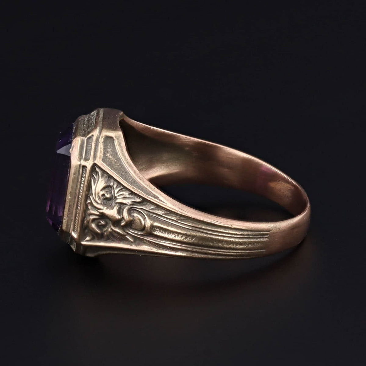 Green Man With Amethyst Ring of 14k Gold Art Nouveau Style Reproduction - Trademark Antiques