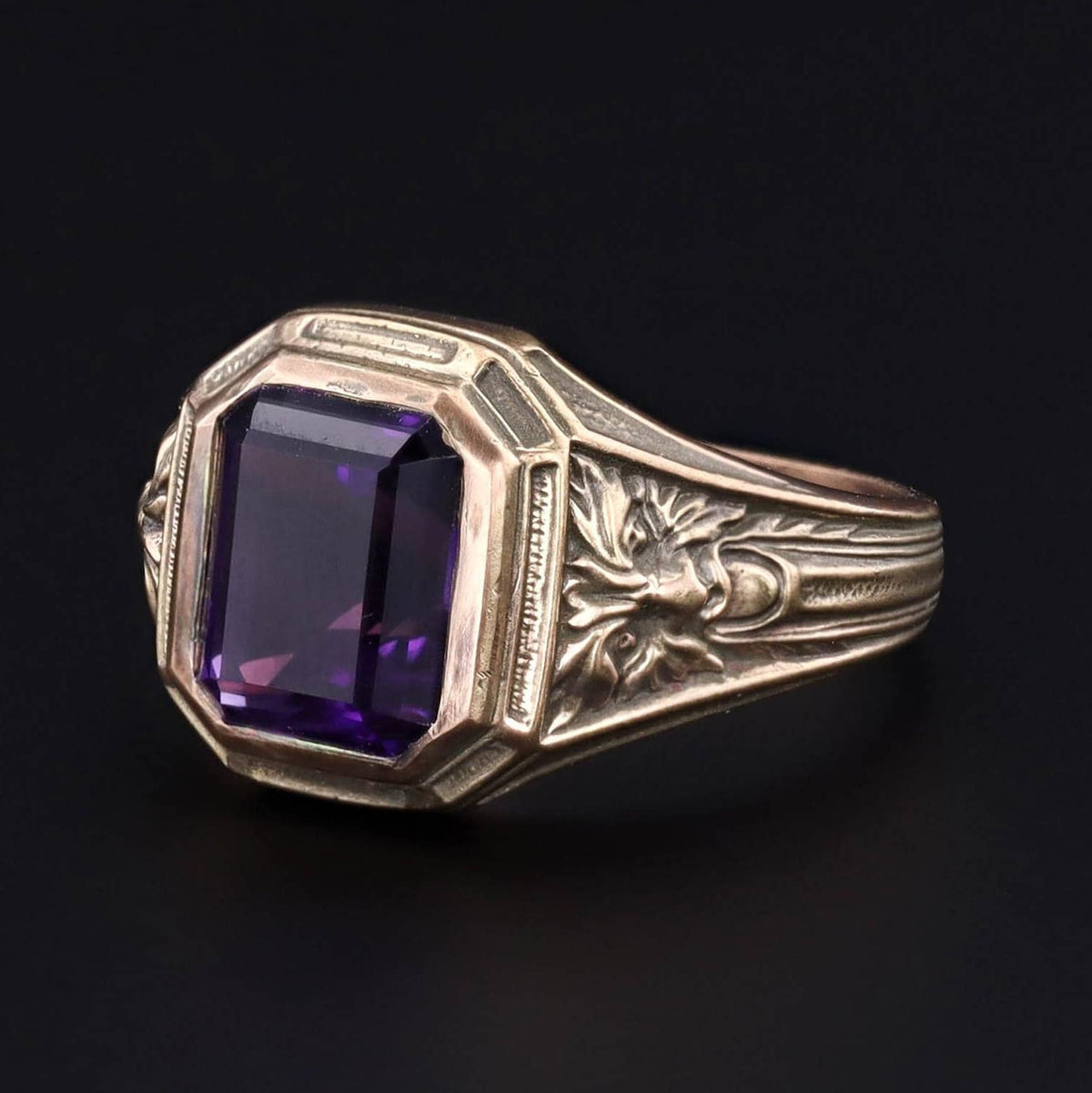 Green Man With Amethyst Ring of 14k Gold Art Nouveau Style Reproduction - Trademark Antiques