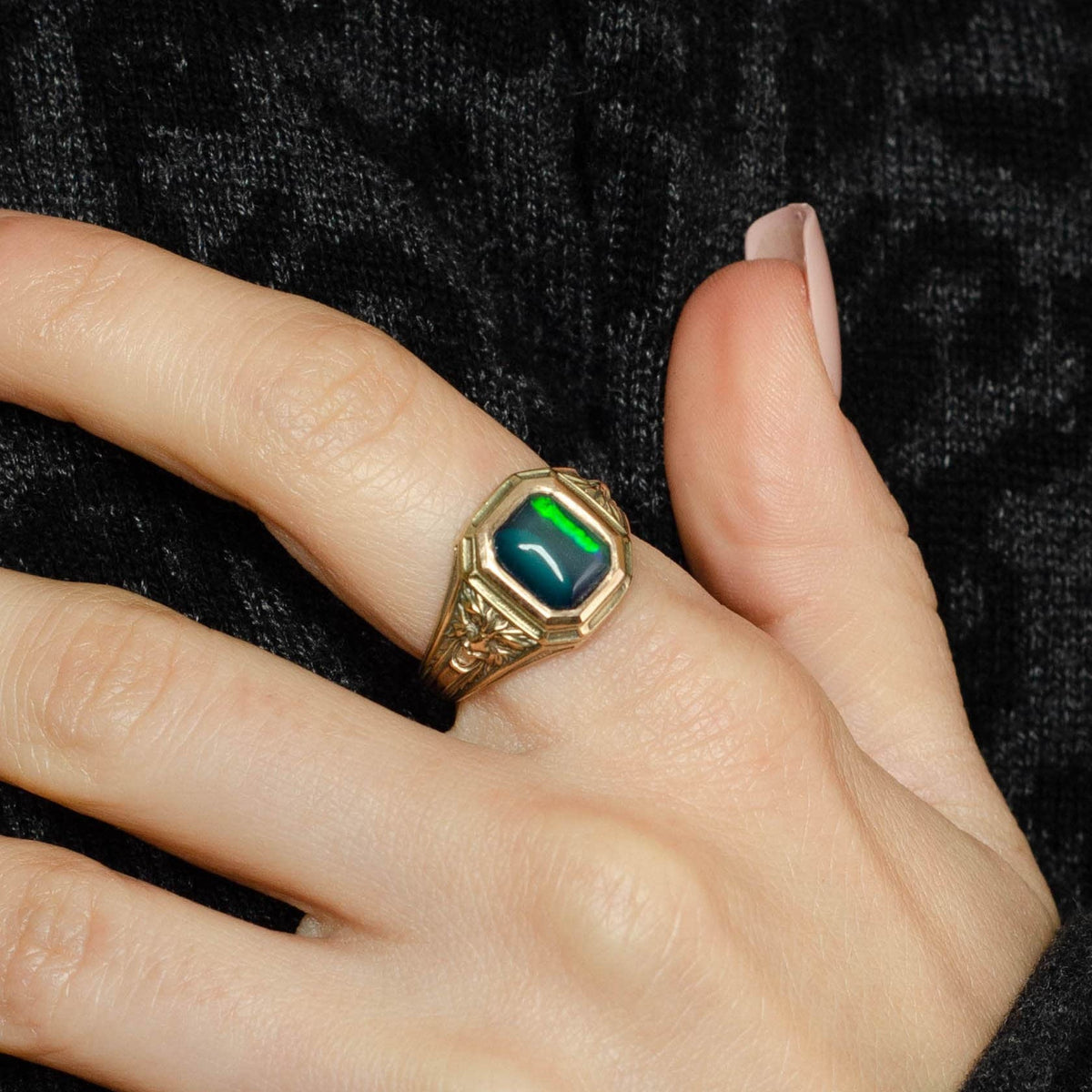 Green Man With Ethiopian Black Opal Ring | Green Man Ring - Trademark Antiques