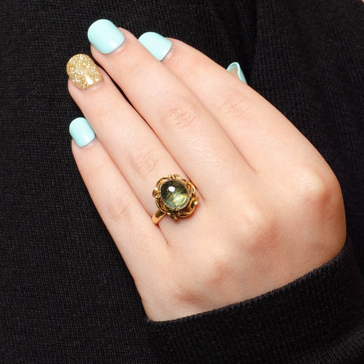 Green Tourmaline Ring | 14k Gold Tourmaline Cabochon Ring - Trademark Antiques