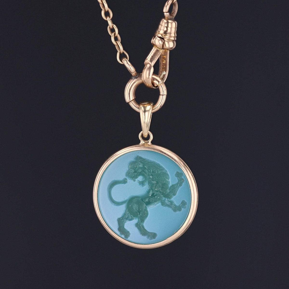 Green &amp; White Agate Pendant | 14k Gold Lion Pendant on Optional 14k Chain - Trademark Antiques