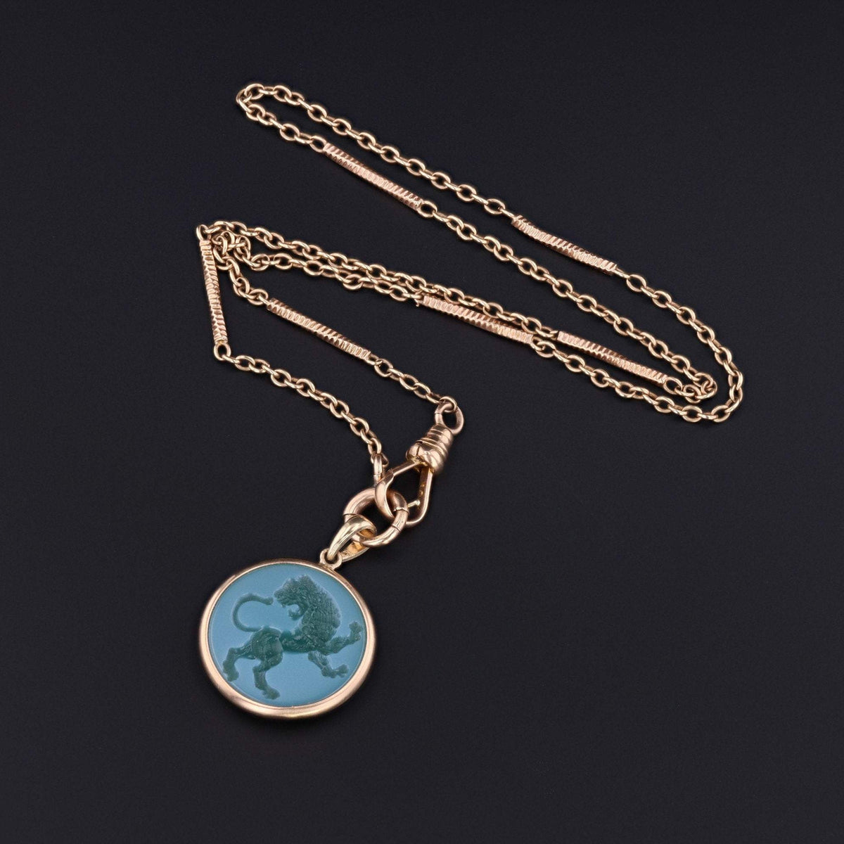 Green &amp; White Agate Pendant | 14k Gold Lion Pendant on Optional 14k Chain - Trademark Antiques