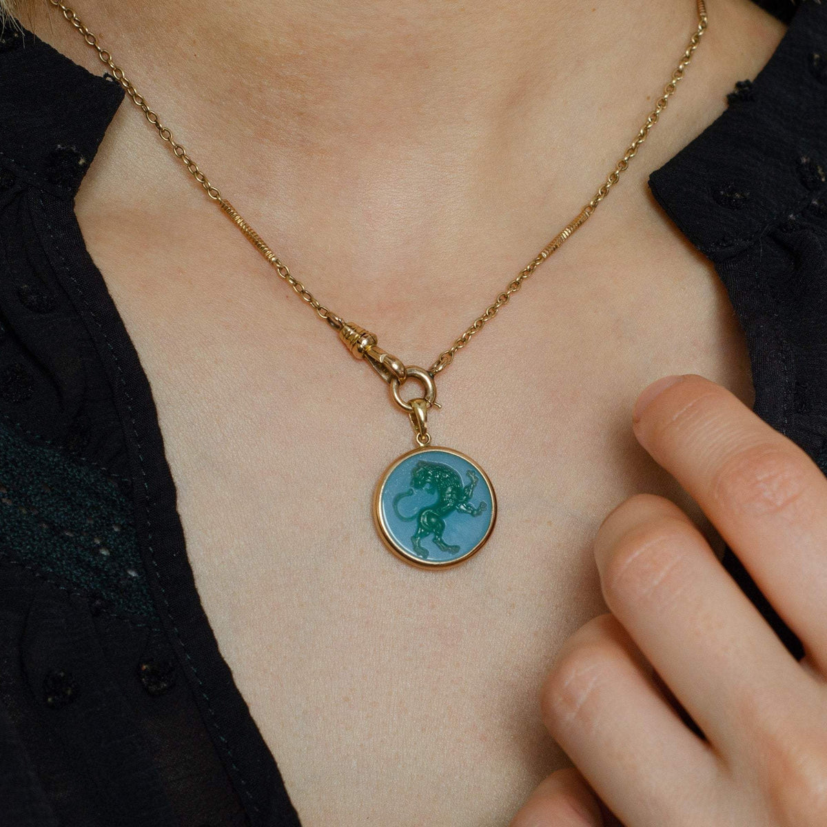 Green &amp; White Agate Pendant | 14k Gold Lion Pendant on Optional 14k Chain - Trademark Antiques