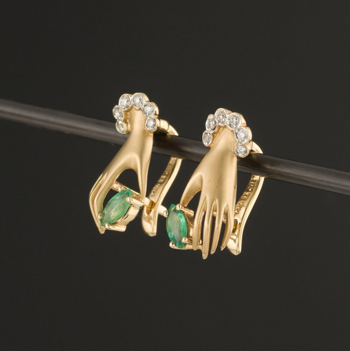 Hand Earrings | Vintage Emerald &amp; Diamond Hand Earrings - Trademark Antiques