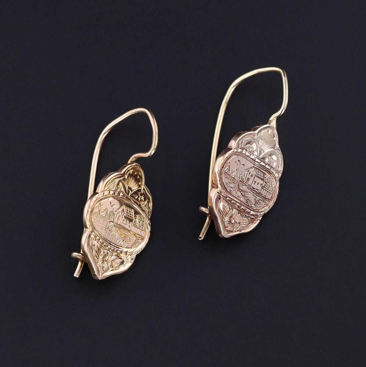 Hand Etched Victorian Earrings of 14k Gold - Trademark Antiques