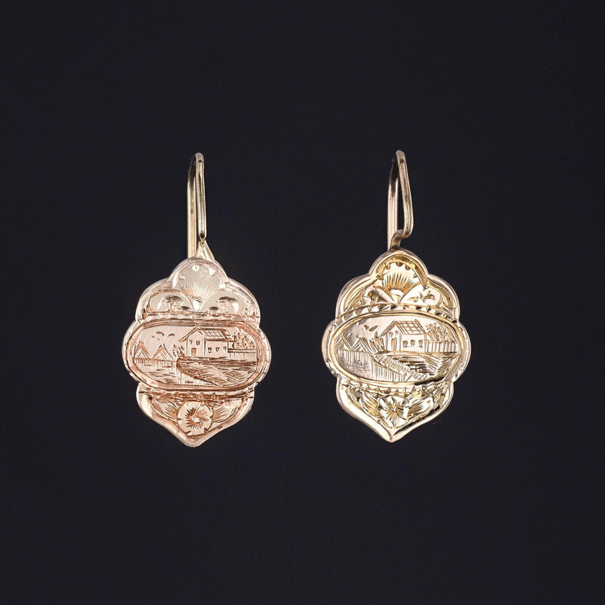 Hand Etched Victorian Earrings of 14k Gold - Trademark Antiques