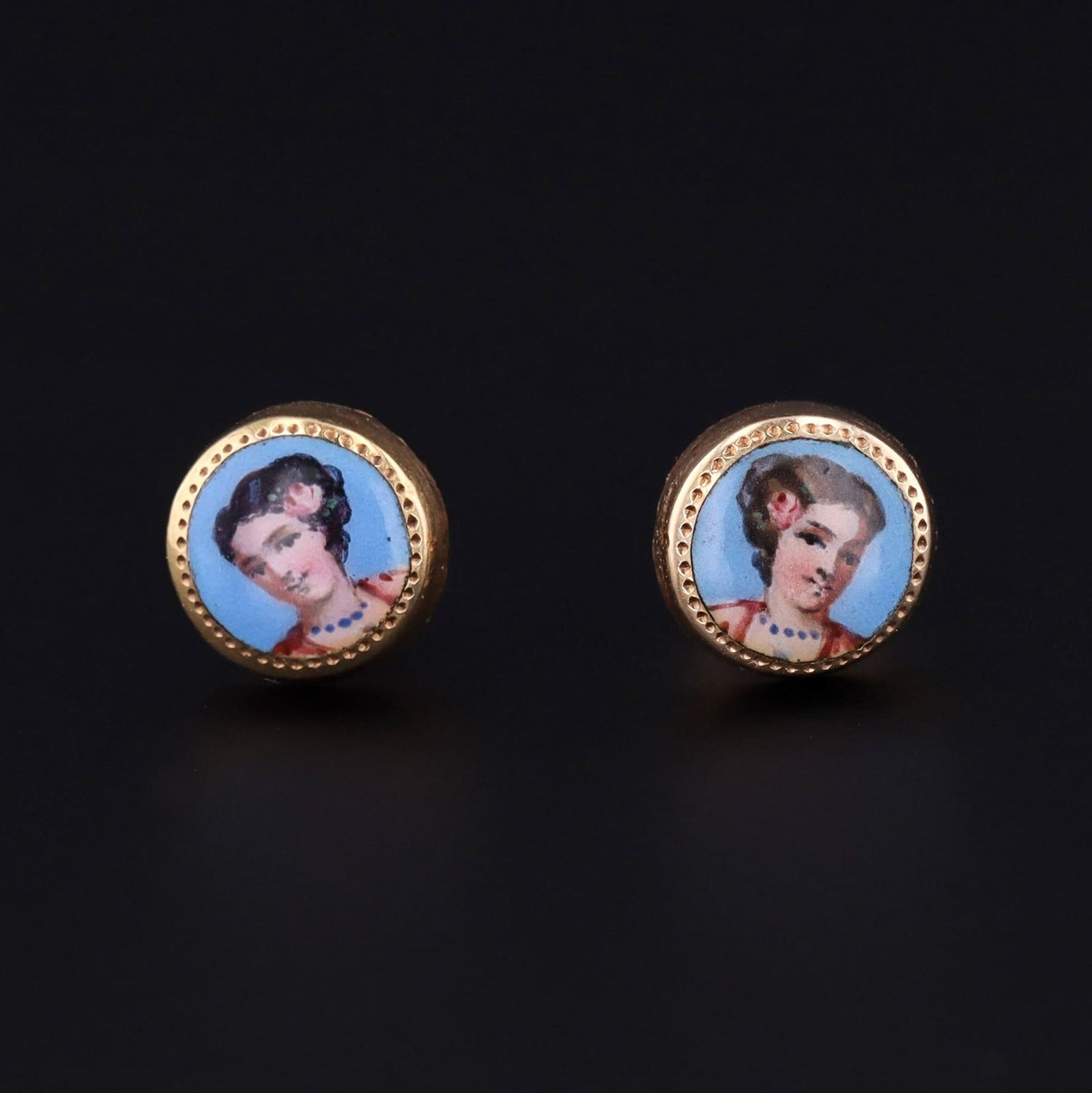 Hand Painted Lady Earrings | 14k Gold Earrings - Trademark Antiques