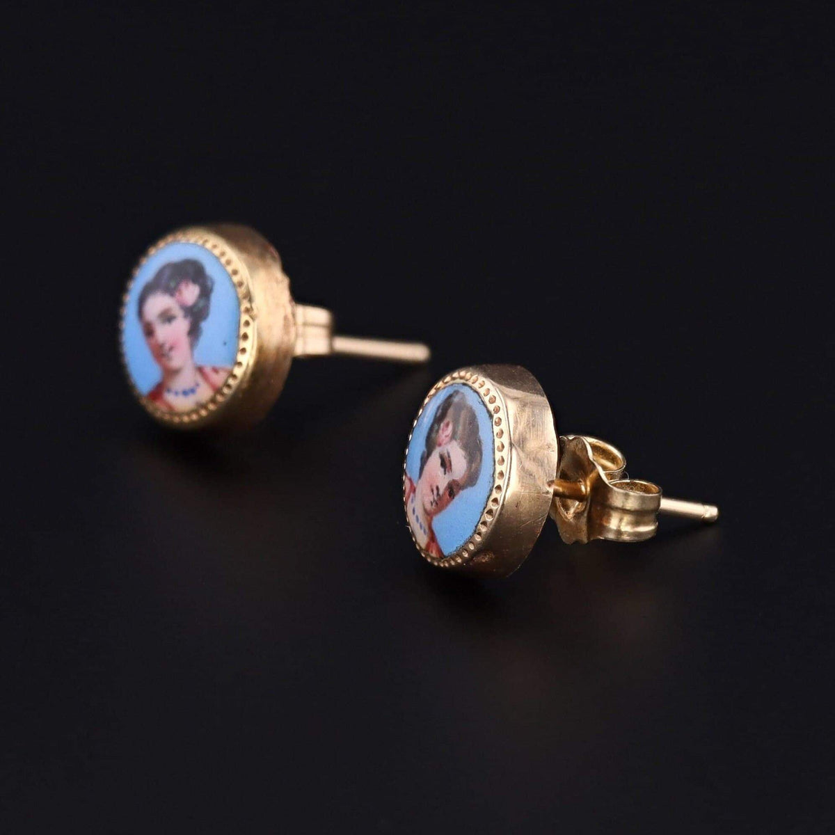 Hand Painted Lady Earrings | 14k Gold Earrings - Trademark Antiques