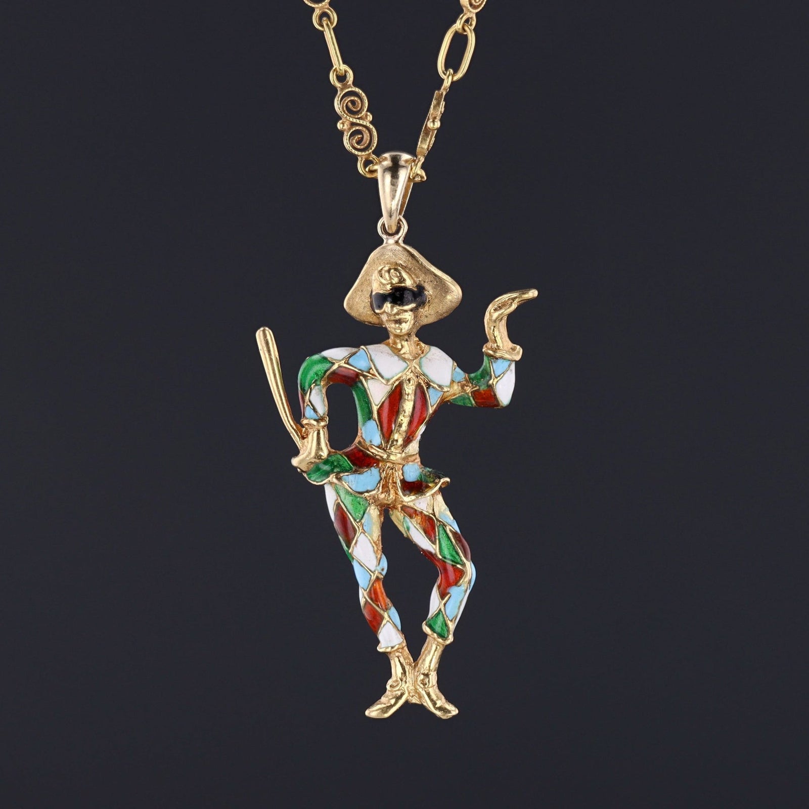 Harlequin Pendant | Vintage 18k Gold & Enamel Harlequin on Optional 18k Chain - Trademark Antiques