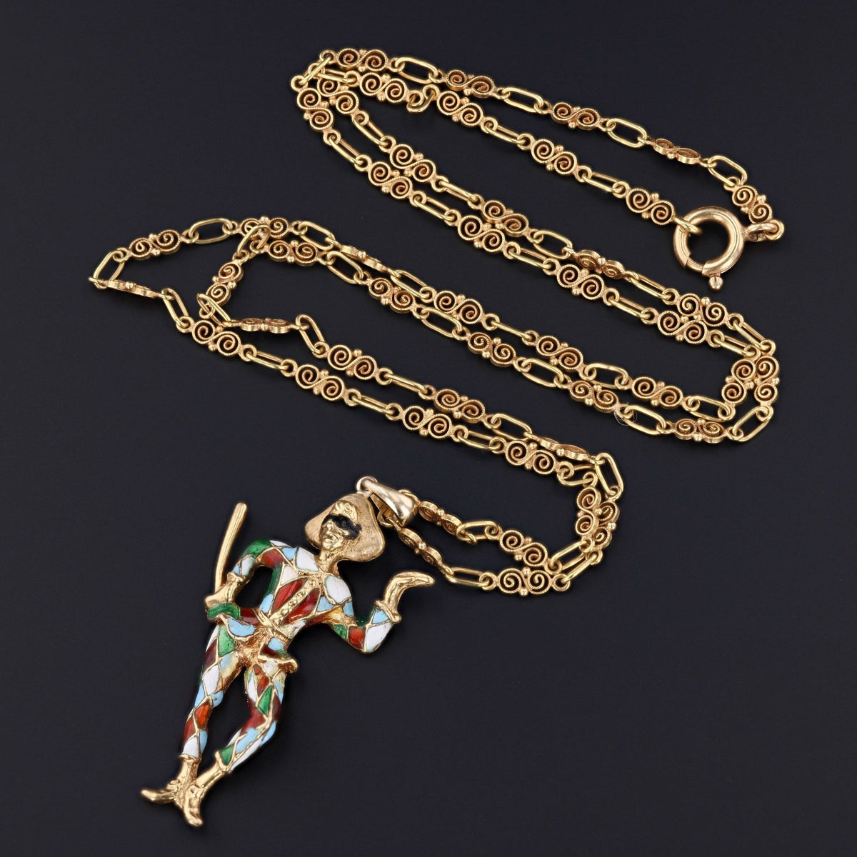 Harlequin Pendant | Vintage 18k Gold &amp; Enamel Harlequin on Optional 18k Chain - Trademark Antiques