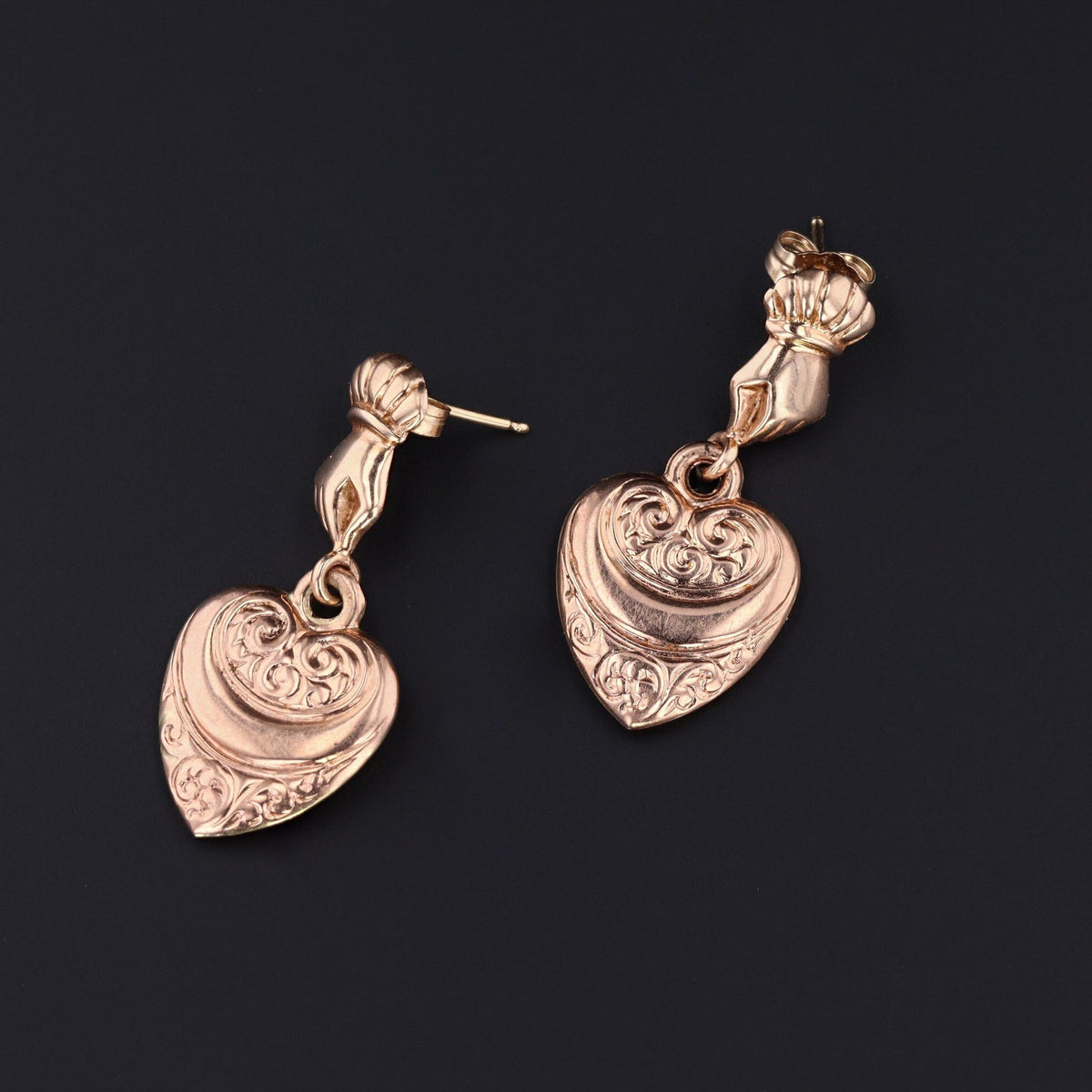 Heart in Hand Earrings | Vintage 14k Gold Earrings - Trademark Antiques