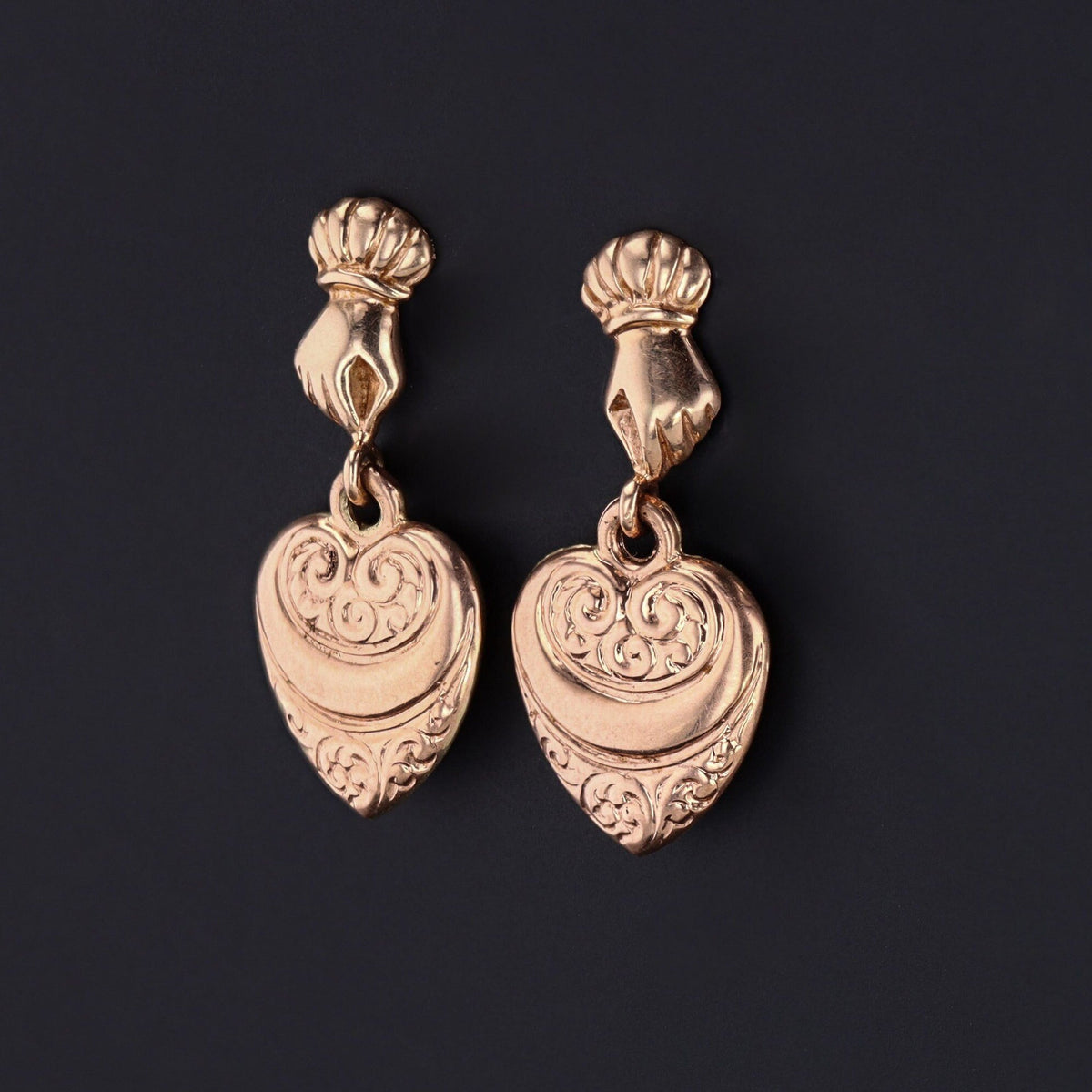 Heart in Hand Earrings | Vintage 14k Gold Earrings - Trademark Antiques