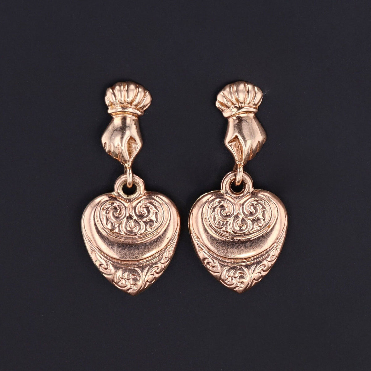 Heart in Hand Earrings | Vintage 14k Gold Earrings - Trademark Antiques