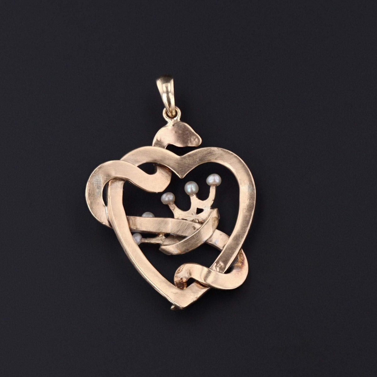 Heart Pendant | 10k Gold &amp; Pearl Snake Pendant - Trademark Antiques