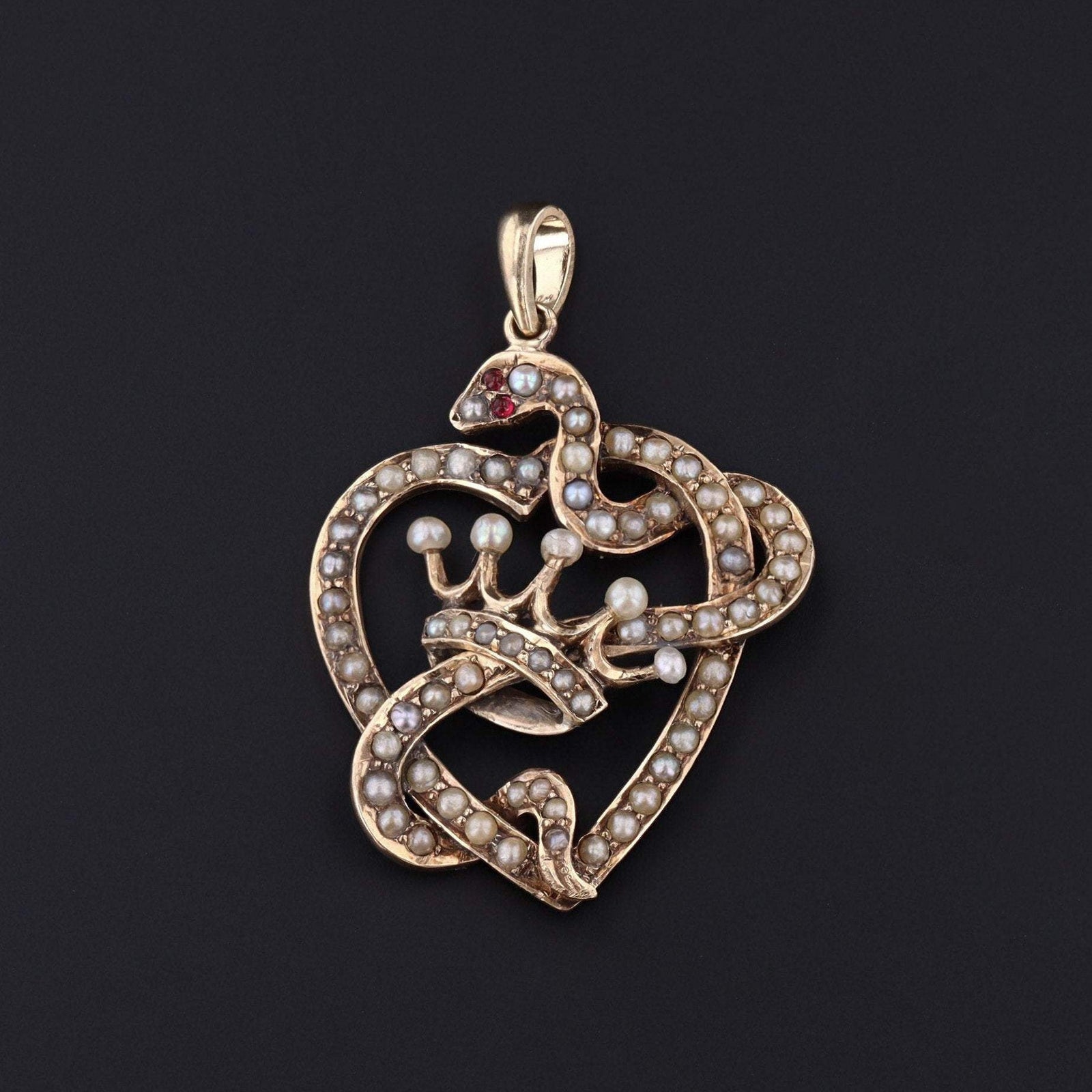 Heart Pendant | 10k Gold & Pearl Snake Pendant - Trademark Antiques