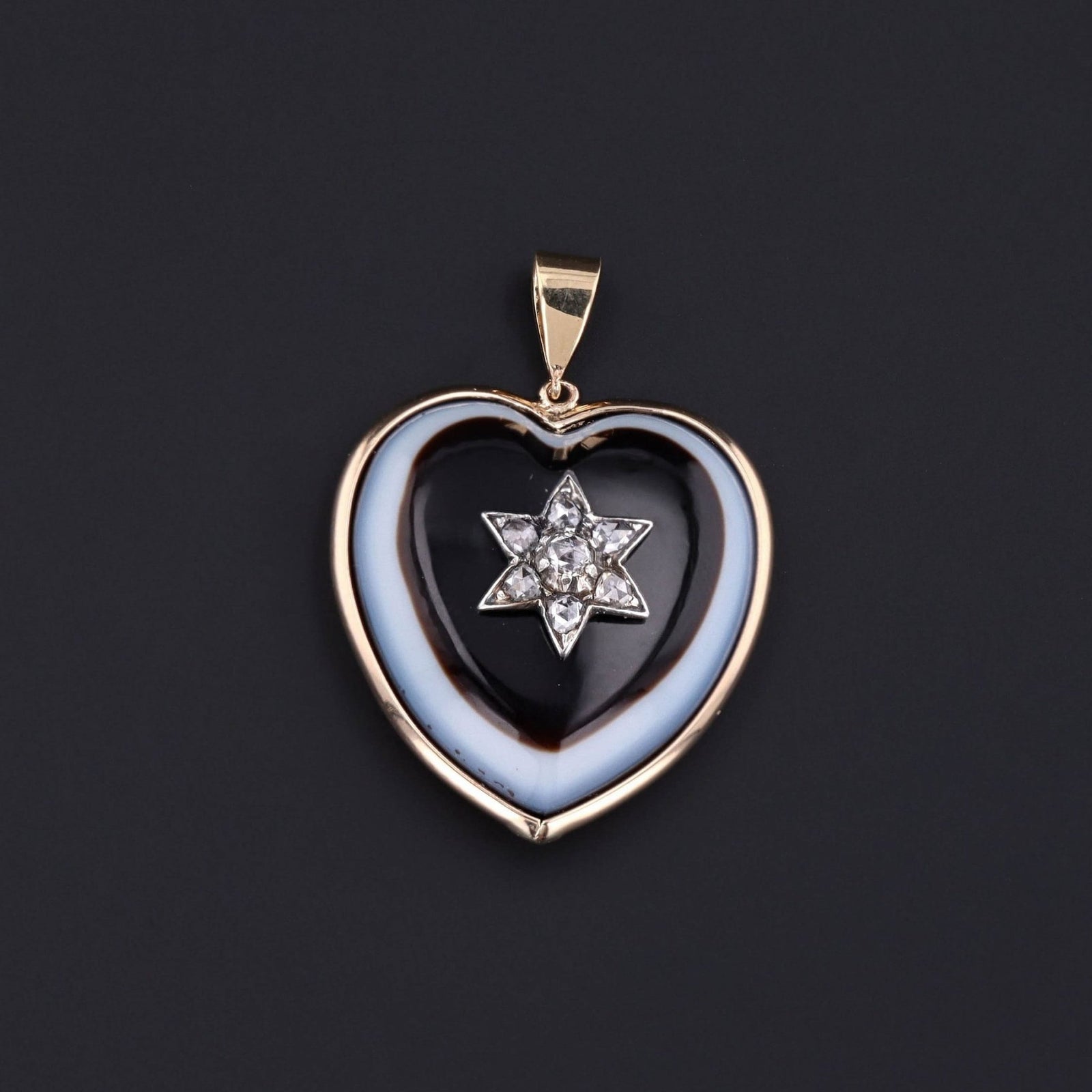 Heart Pendant | 14k Gold, Banded Agate & Diamond Pendant - Trademark Antiques