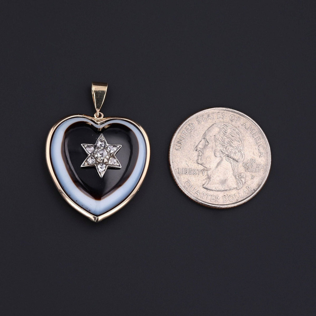 Heart Pendant | 14k Gold, Banded Agate &amp; Diamond Pendant - Trademark Antiques