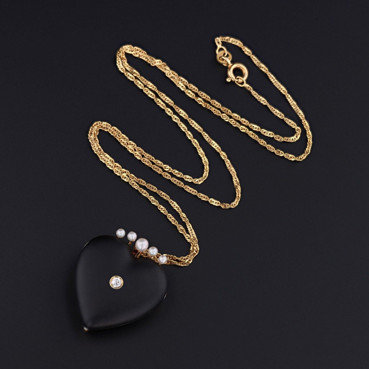 Heart Pendant or Brooch | Antique Black Enamel Diamond &amp; Pearl Heart - Trademark Antiques
