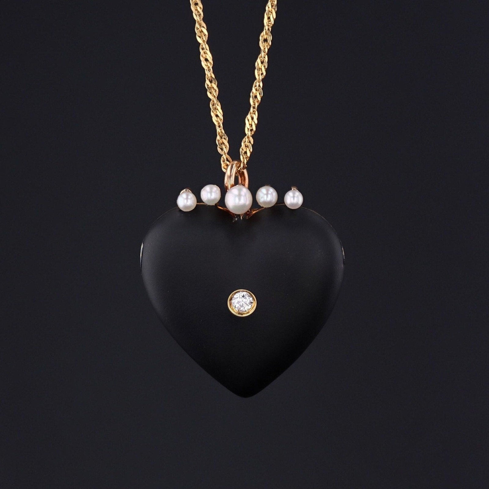 Heart Pendant or Brooch | Antique Black Enamel Diamond & Pearl Heart - Trademark Antiques