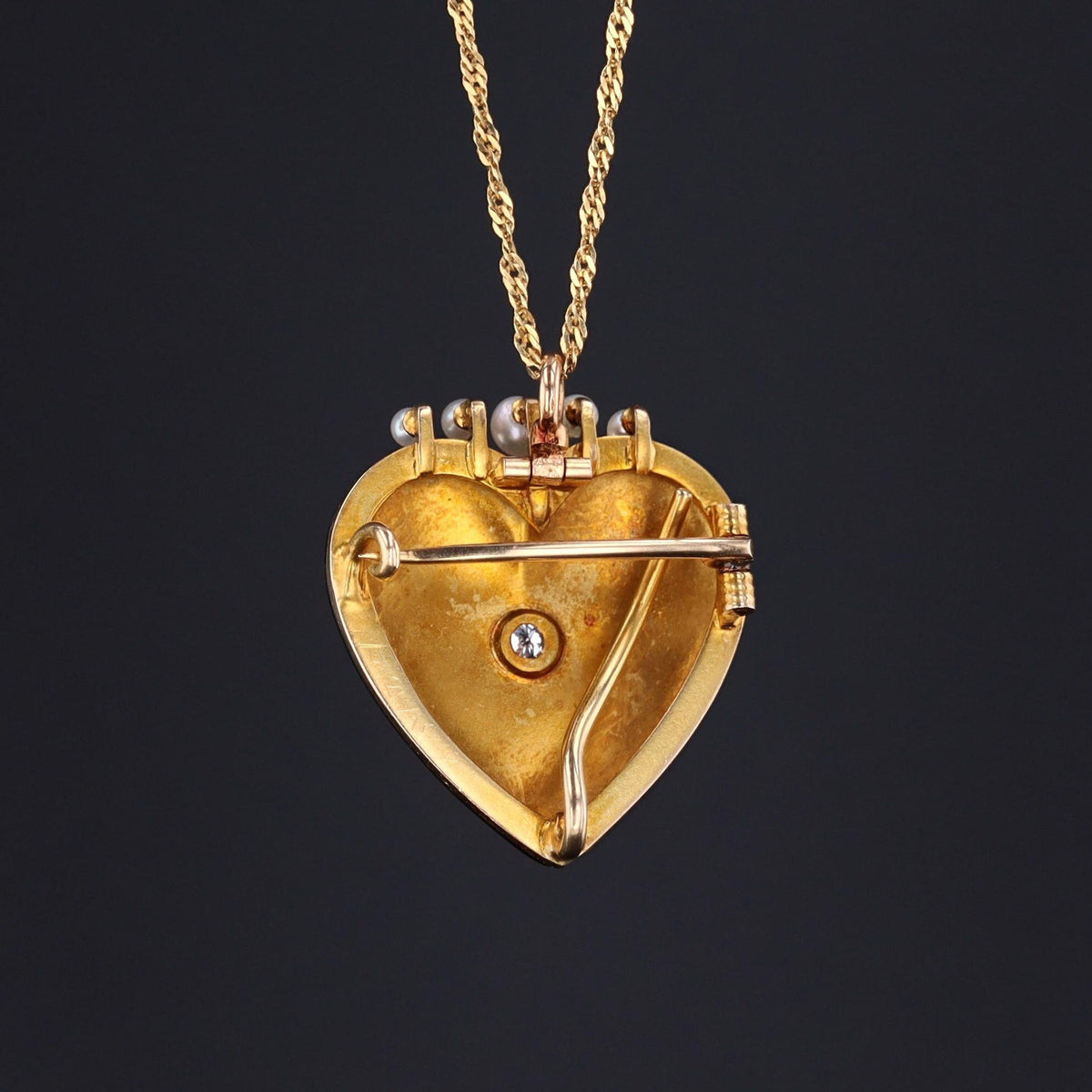 Heart Pendant or Brooch | Antique Black Enamel Diamond &amp; Pearl Heart - Trademark Antiques