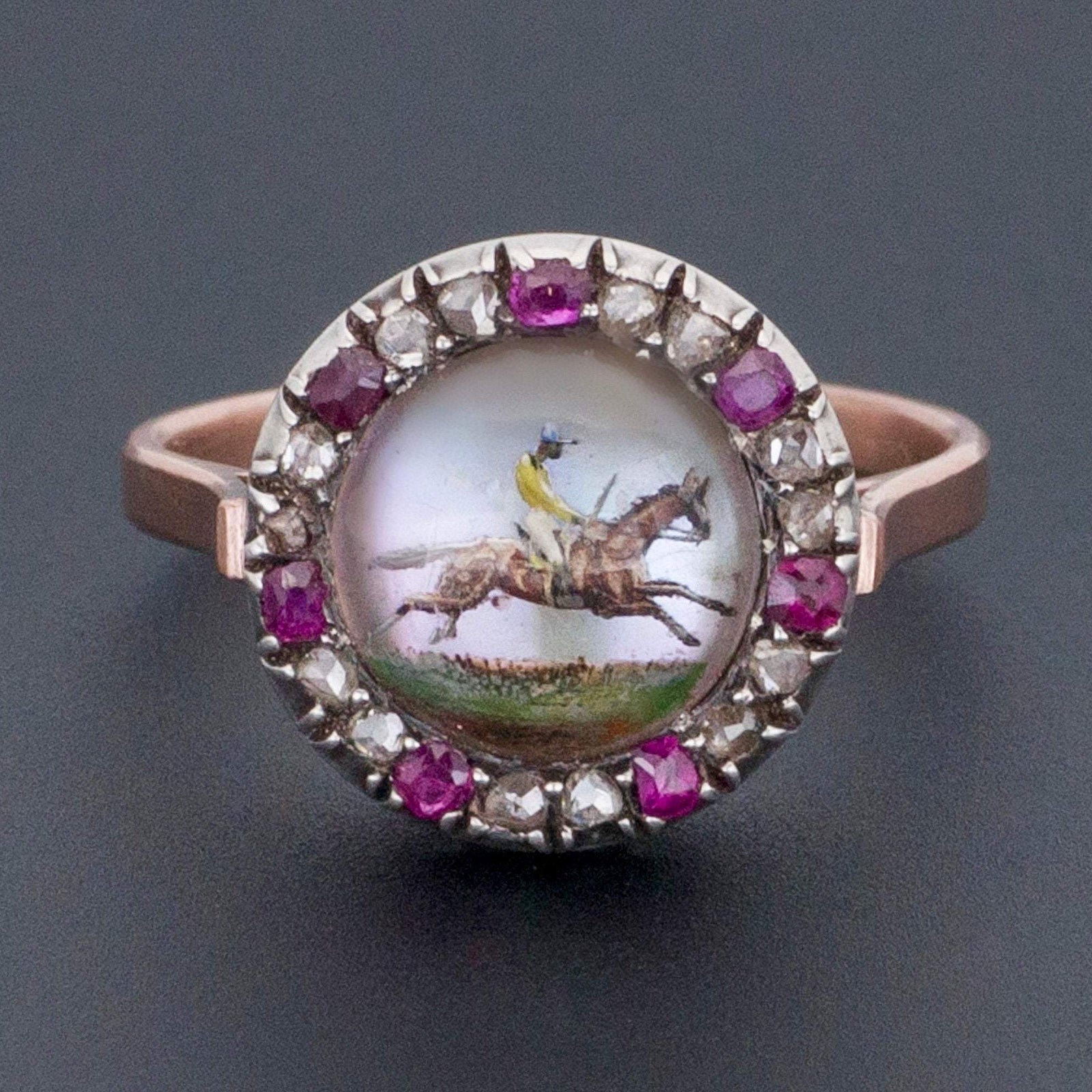 Horse Ring | Antique Reverse Painted Crystal With Rubies and Diamonds - Trademark Antiques