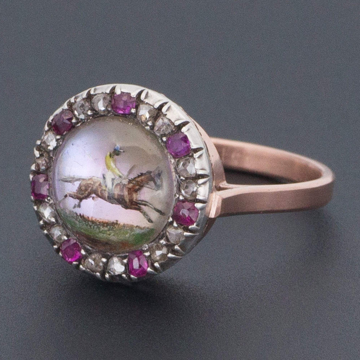 Horse Ring | Antique Reverse Painted Crystal With Rubies and Diamonds - Trademark Antiques