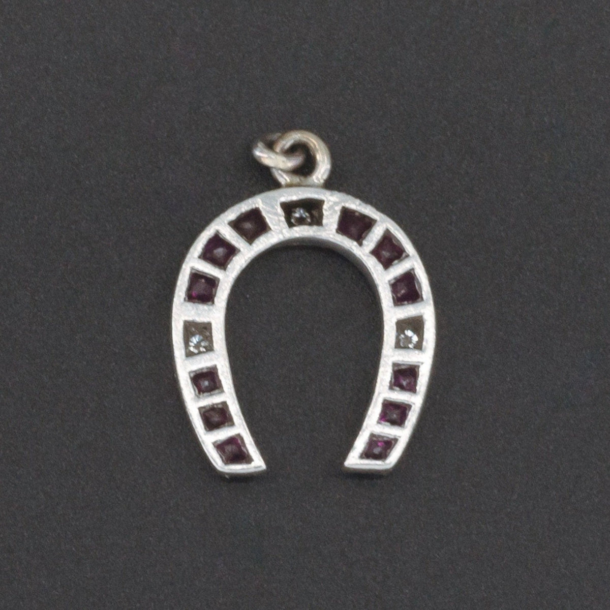 Horseshoe Charm | Platinum Diamond &amp; Ruby Horseshoe Charm - Trademark Antiques
