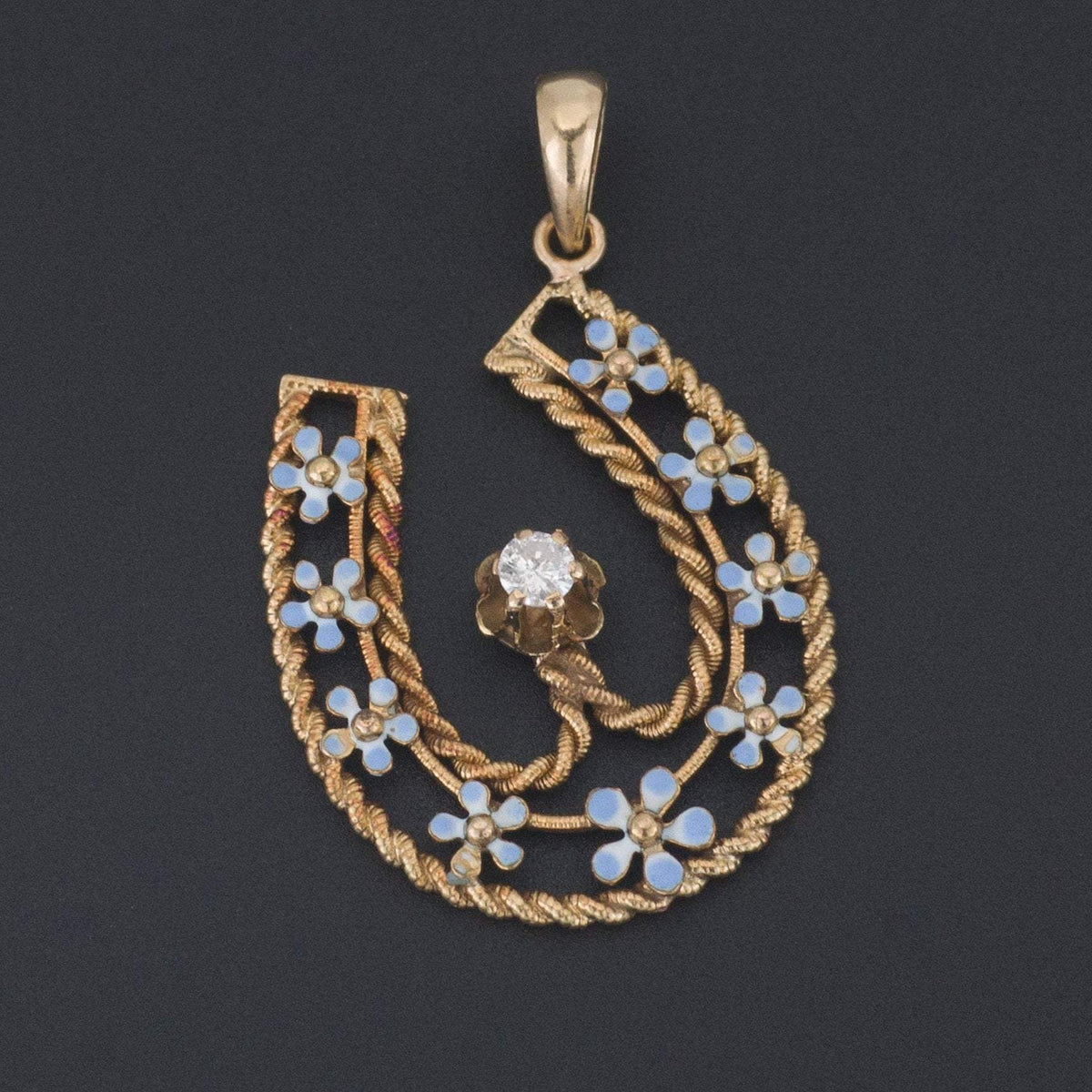 Horseshoe Pendant | 14k Gold Diamond &amp; Enamel Horseshoe - Trademark Antiques
