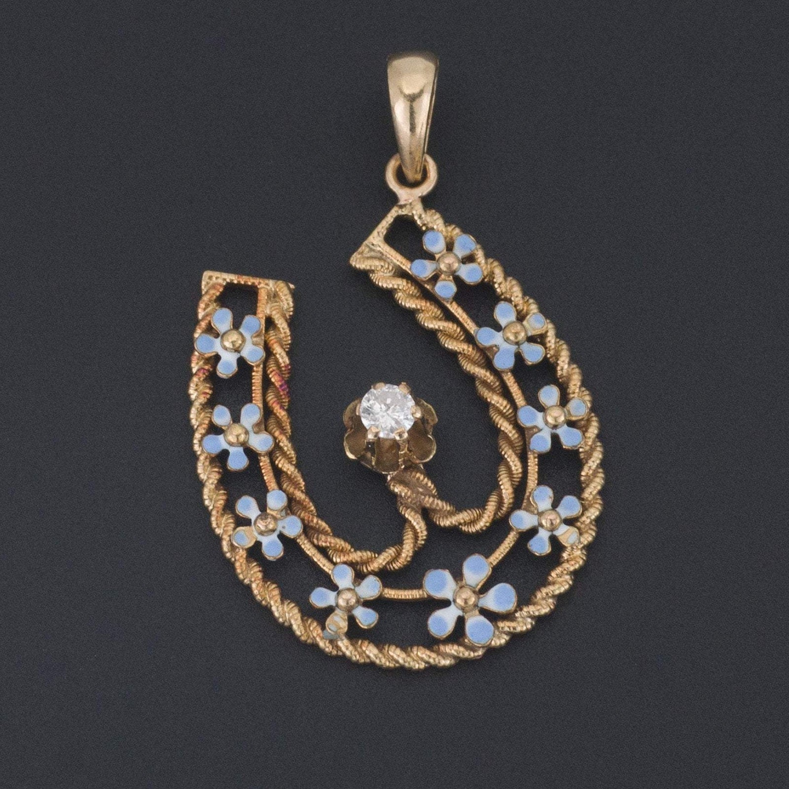 Horseshoe Pendant | 14k Gold Diamond & Enamel Horseshoe - Trademark Antiques