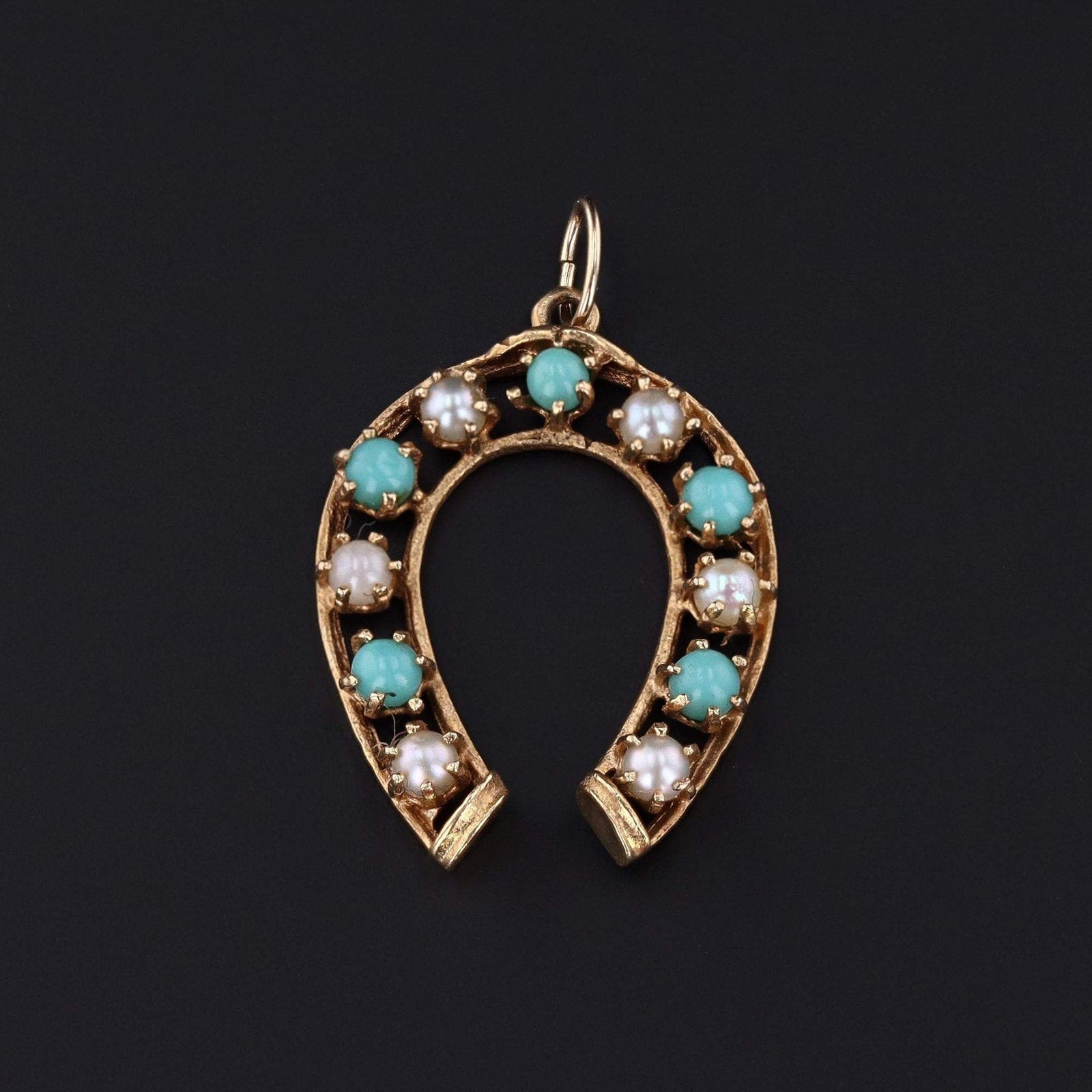 Horseshoe Pendant | Turquoise Glass & Pearl Pendant - Trademark Antiques
