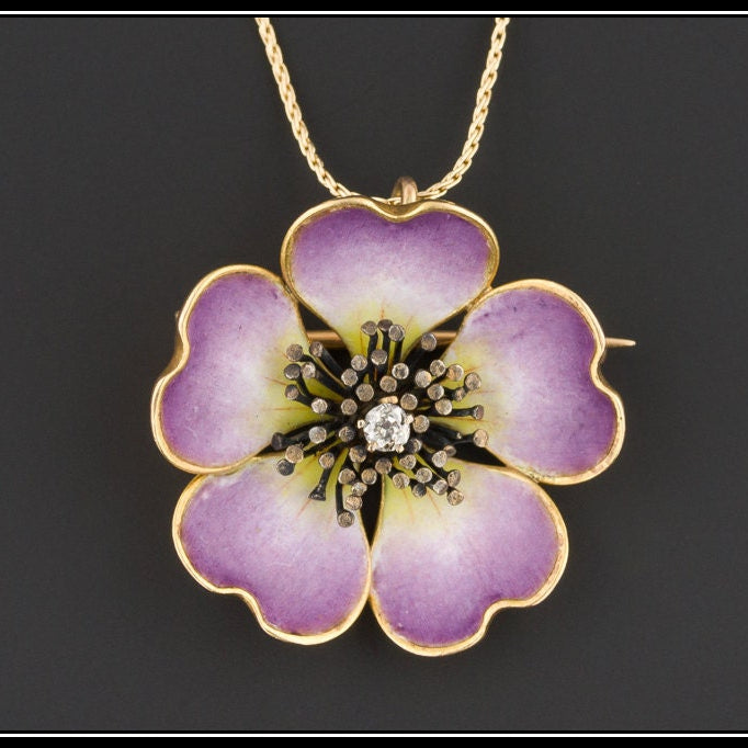 18k Gold Flower Necklace | Purple Enamel Flower Necklace 