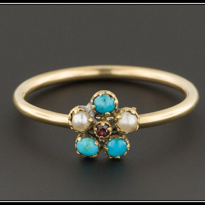 Antique Turquoise & Pearl Ring | Antique Stick Pin Ring | Turquoise Flower Ring | Turquoise Ring | Forget-Me-Not Ring | Pearl Ring