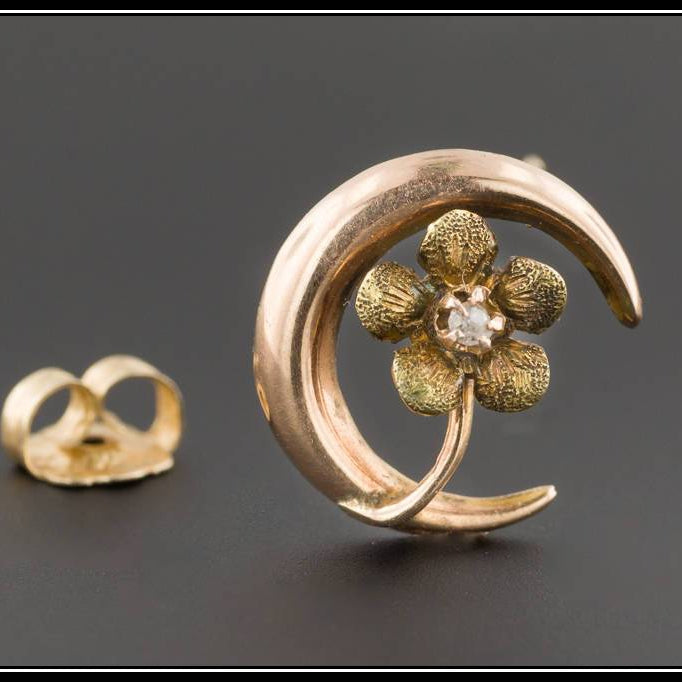 10k Gold Flower & Crescent Moon Single Stud Earring | Antique Stick Pin Conversion Earring | Diamond Moon Earring | Single Earring |