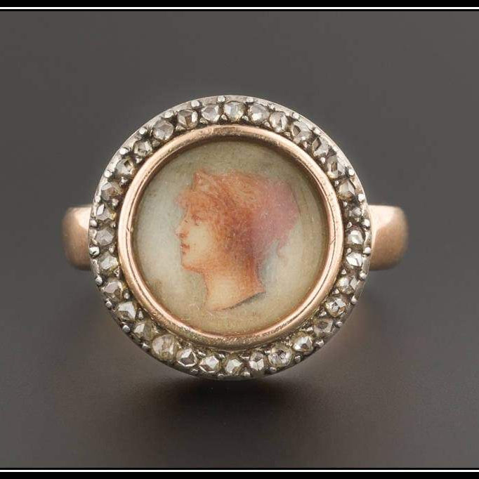 Antique Painted Portrait Ring | Hand Painted Portrait Ring with Diamonds 