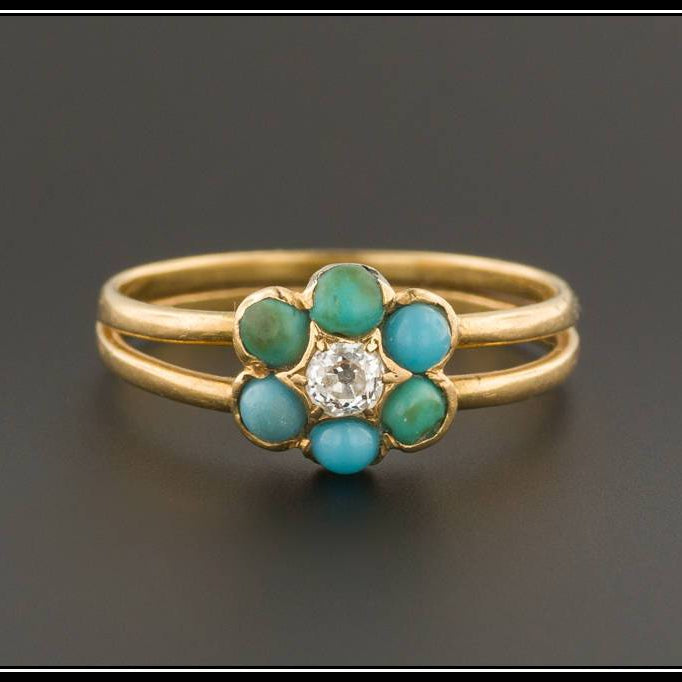 Antique Diamond & Turquoise Forget-me-Not Flower Ring | 18k Gold Ring | Turquoise and Diamond Ring | Turquoise Ring
