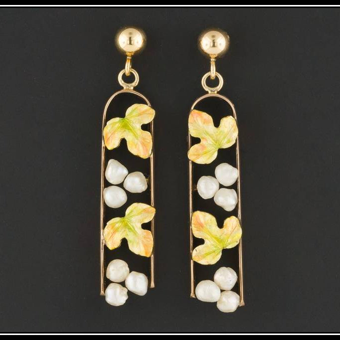 Gold Grape Dangle Earrings | Antique Pin Conversion Earrings | 14k Gold Posts with 10k Dangles | Enamel Earrings | Pearl Earrings