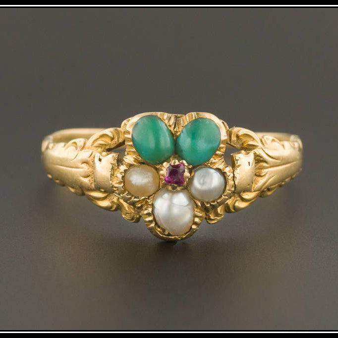 Antique Forget-Me-Not Flower Ring | Turquoise & Pearl Flower Ring | 18k Gold Love Token Ring | Antique Flower Ring | Antique Ring