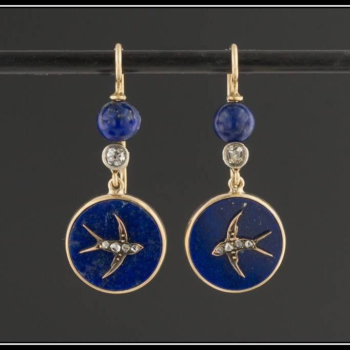 Antique Lapis Swallow Earrings | Lapis and Diamond Bird Earrings 