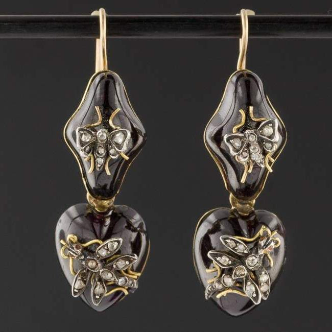 Antique Insect Garnet Earrings | Victorian Garnet & Diamond Bug Earrings 